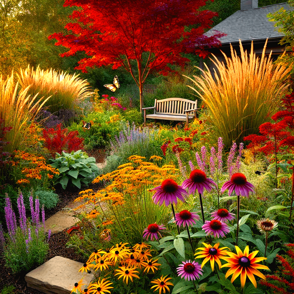 A vibrant Minnesota yard featuring native plants like coneflowers, prairie grasses, and pollinator-friendly shrubs, creating a sustainable and wildlife-friendly garden.